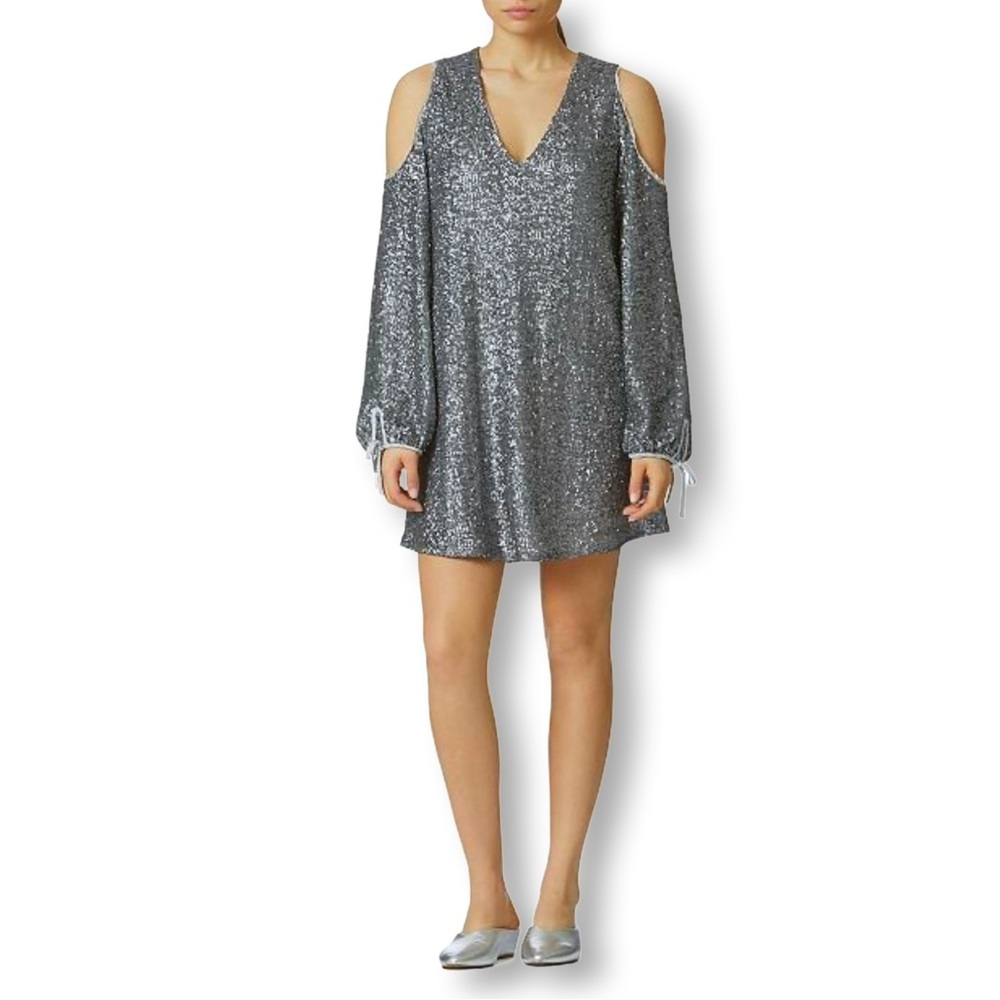 [ AVEC LES FILLES ] Silver Sequin Cold Shoulder A-Line Mini Dress : S : Like New
